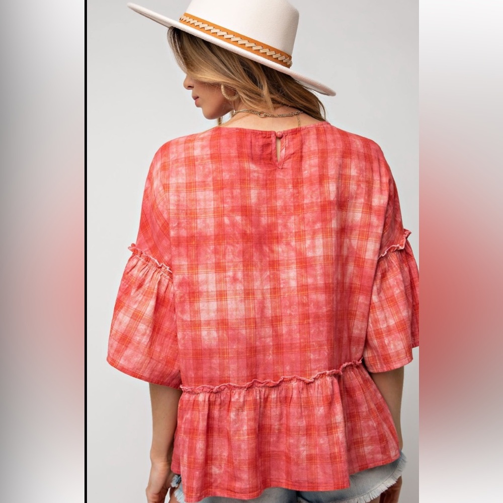 Easel Red Plaid Ruffle Top - Picture 2 of 4